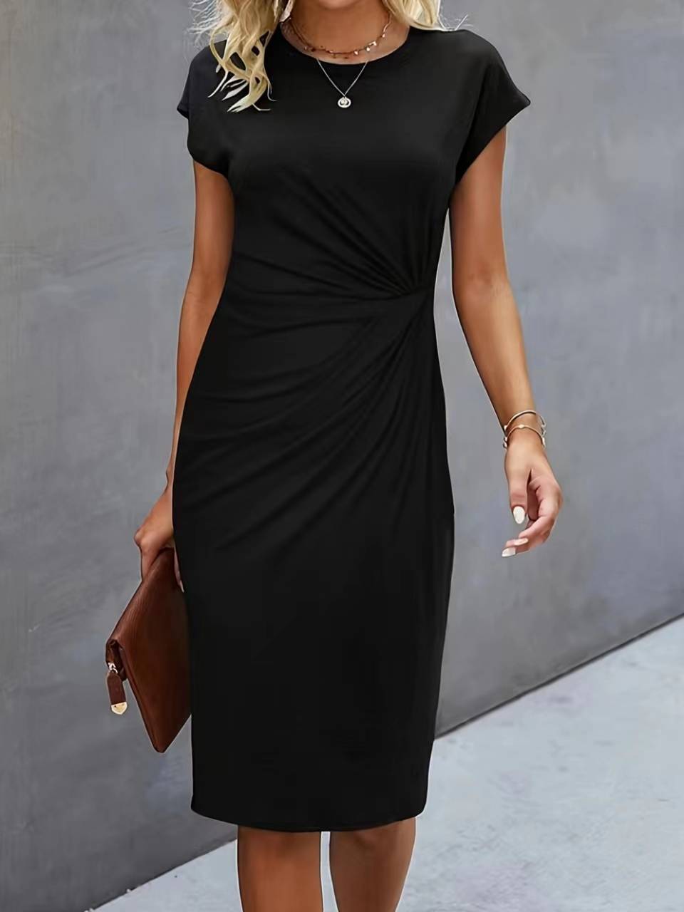 Light purple front knot bodycon midi dress – round neck sleeveless tie dress women's fashion