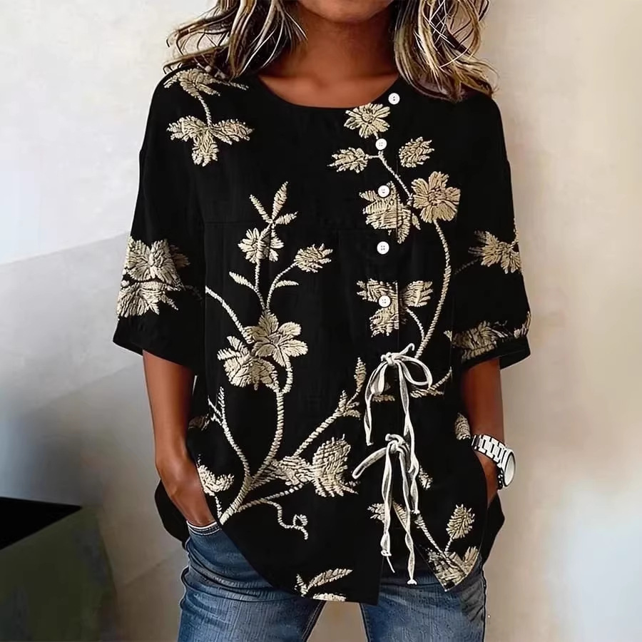 Women's Floral 3D Print Top in Black – Campaign Shot