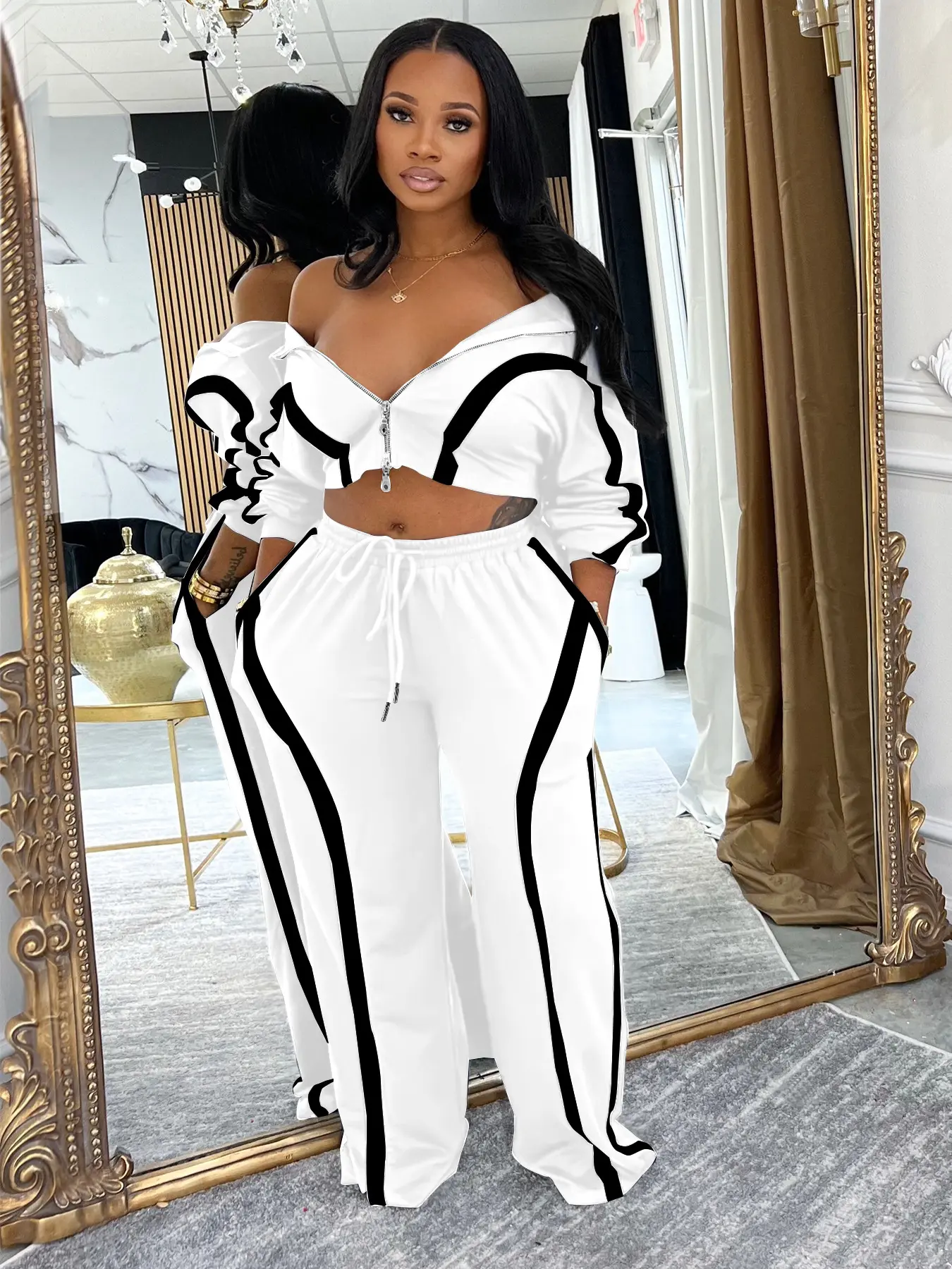 Street Style Women's Two-Piece Sports Set - Zipper Jacket & Pants