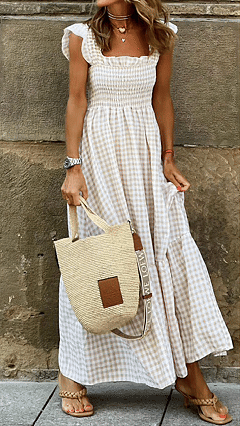 Women's Beige Gingham Maxi Dress — Linen-Blend Fabric