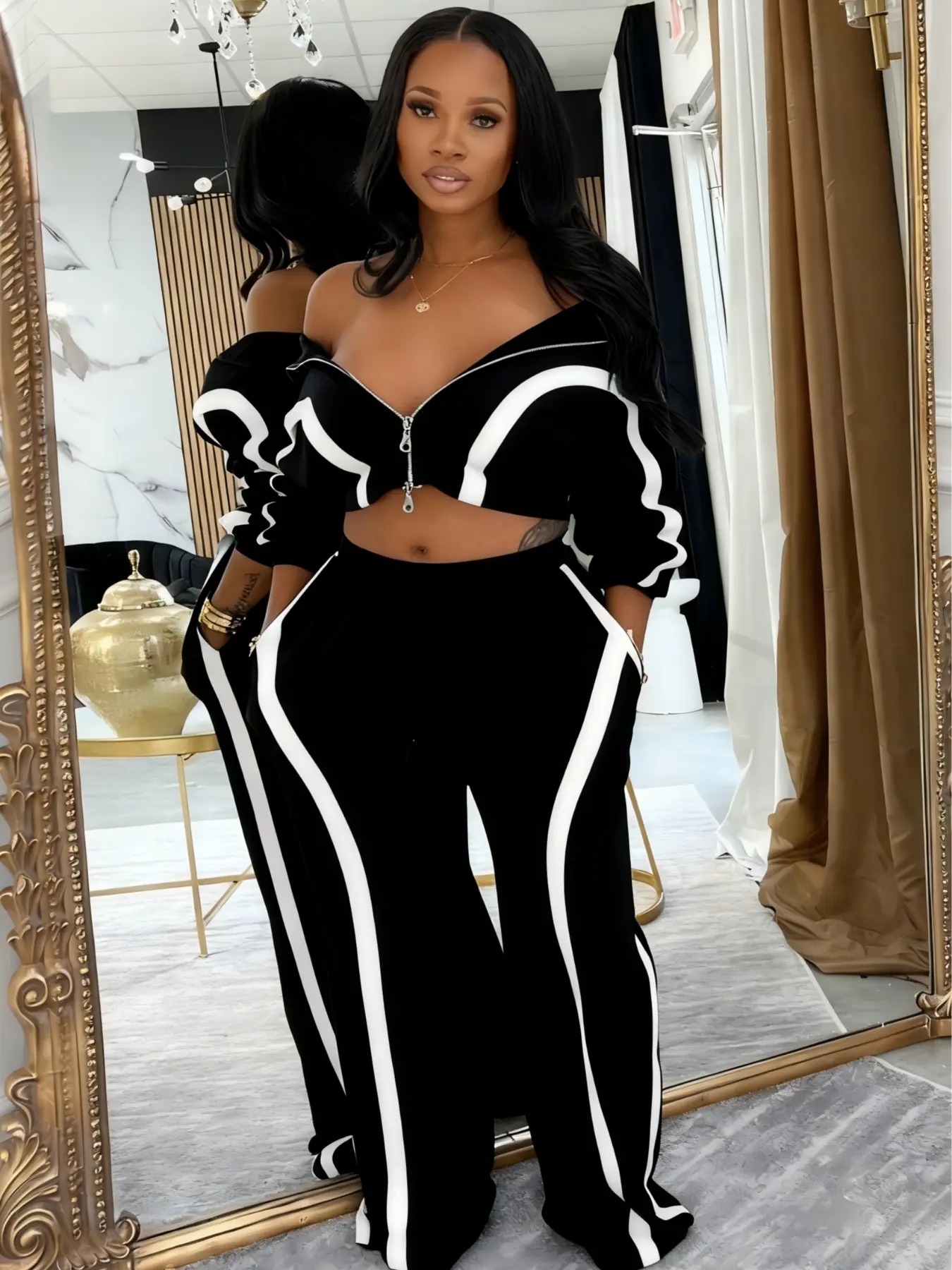 Street Style Women's Two-Piece Sports Set - Zipper Jacket & Pants