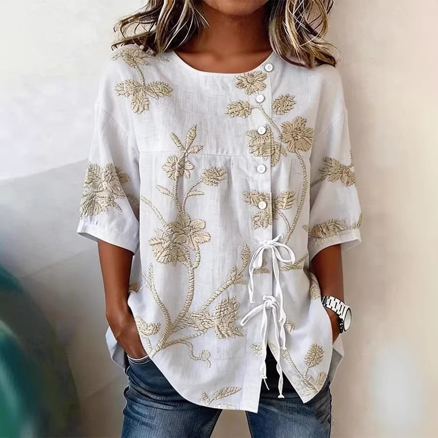 Women's Floral 3D Print Pullover Top in Apricot – Final Lifestyle Shot