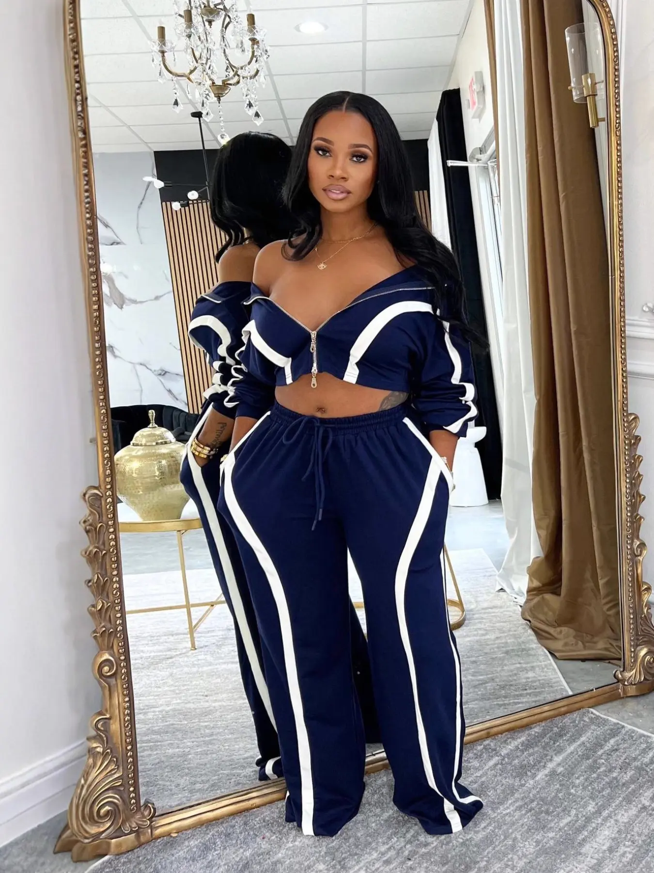 Street Style Women's Two-Piece Sports Set - Zipper Jacket & Pants