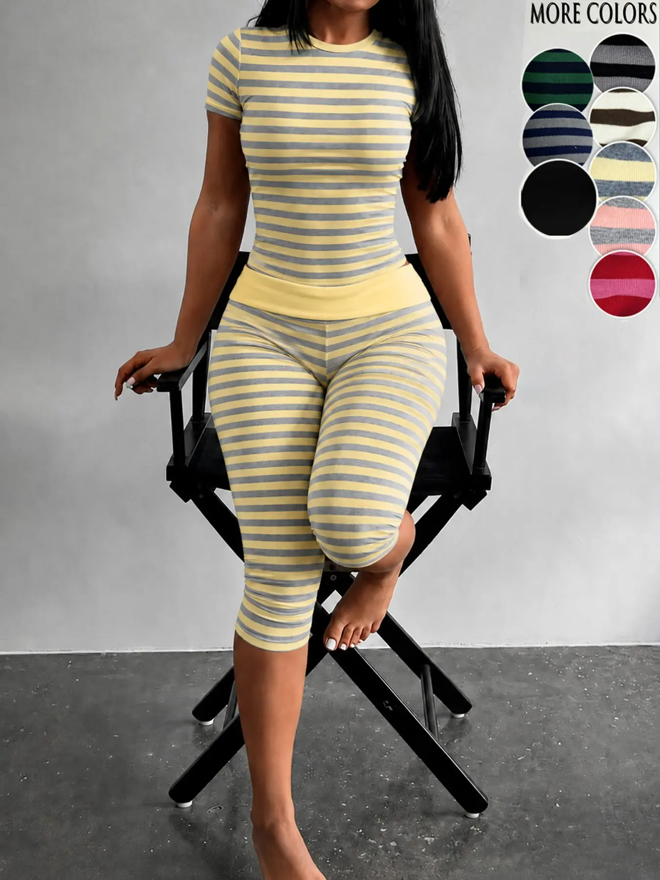 Yellow Grey Striped Loungewear Set
