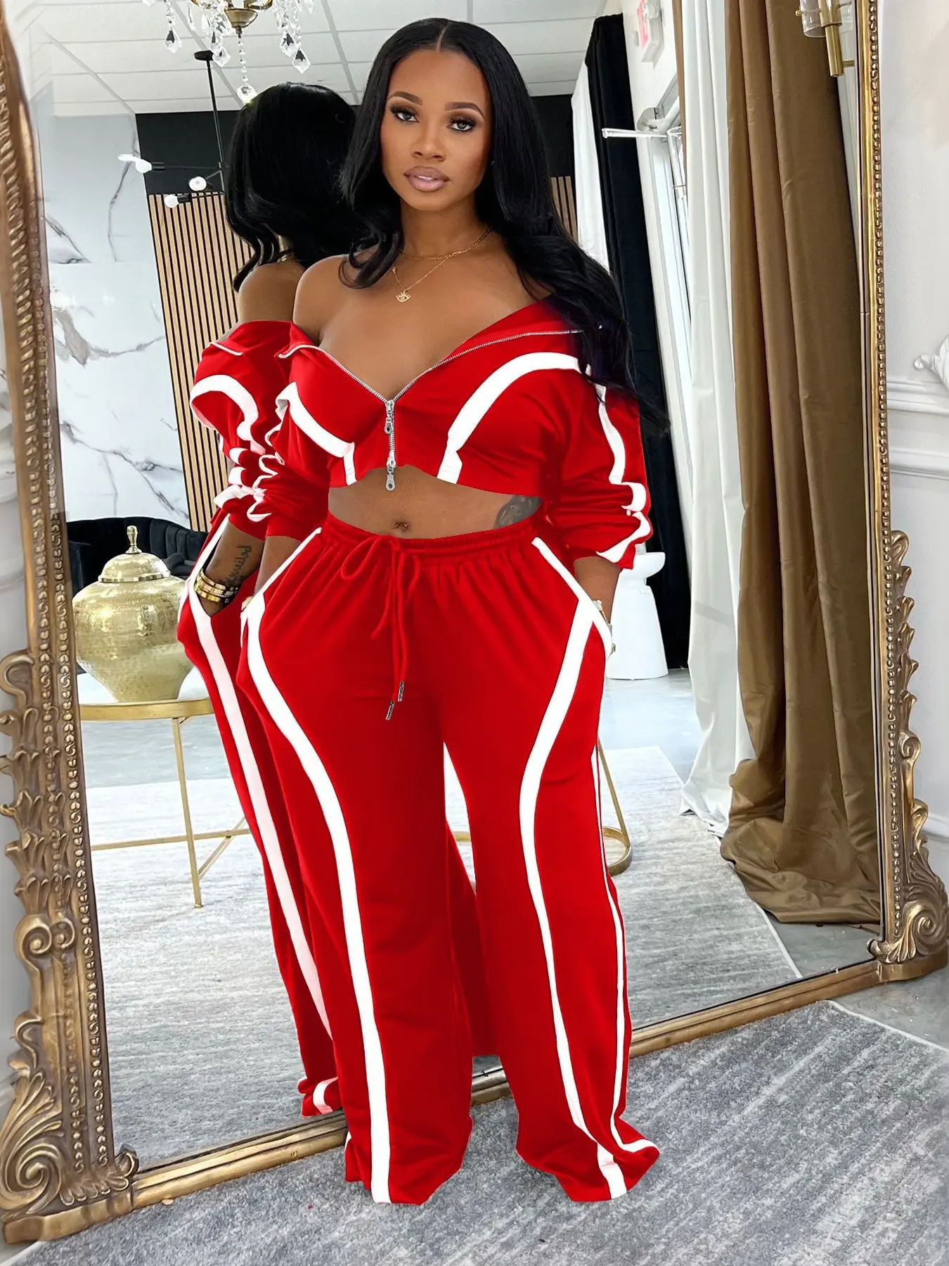 Street Style Women's Two-Piece Sports Set - Zipper Jacket & Pants