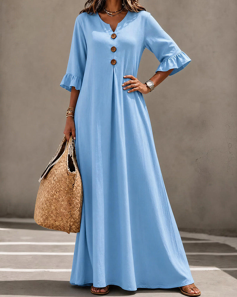 Curvvvy™ Effortless Boho V-Neck Ruffle Sleeve Maxi Dress