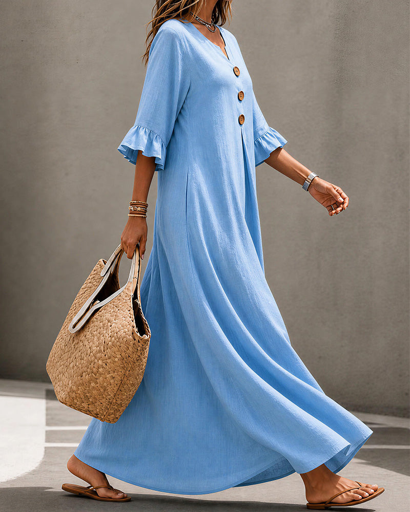 Curvvvy™ Effortless Boho V-Neck Ruffle Sleeve Maxi Dress