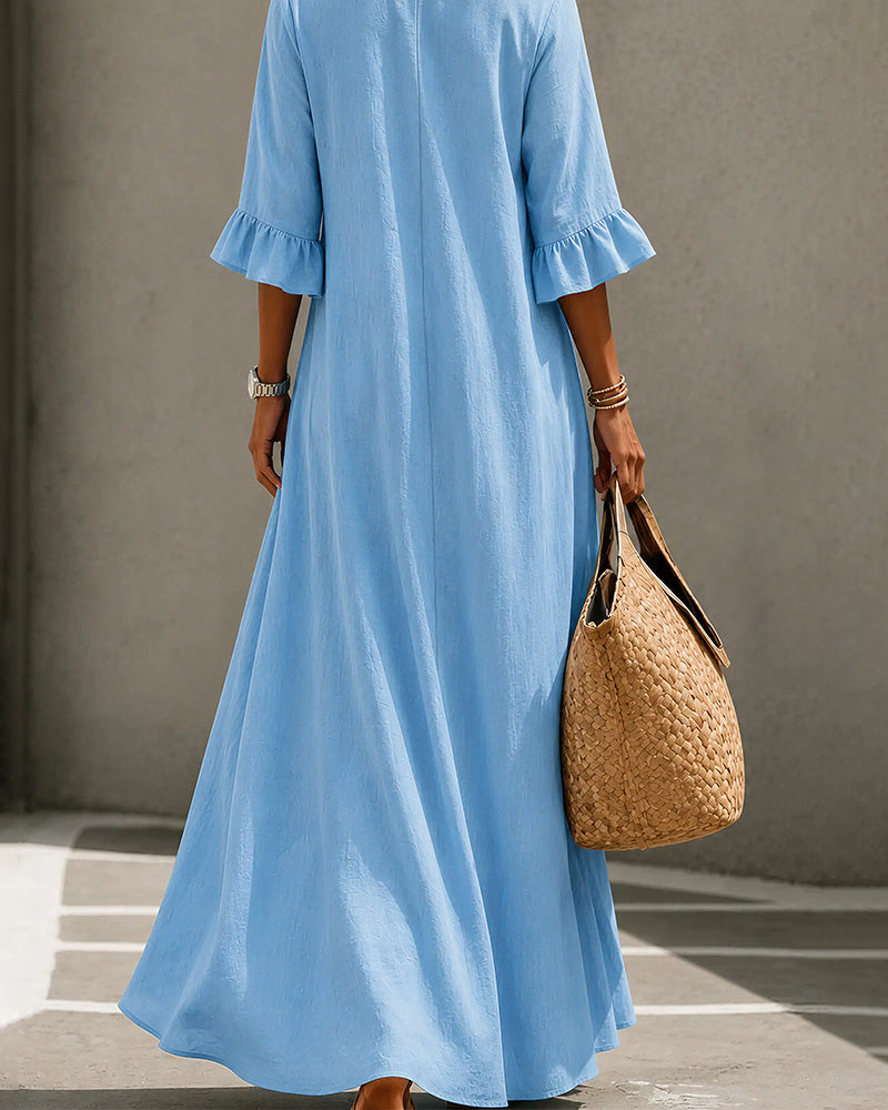 Curvvvy™ Effortless Boho V-Neck Ruffle Sleeve Maxi Dress