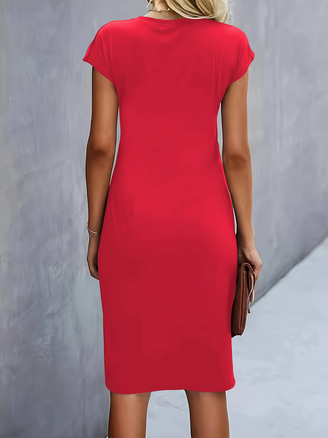 Reddish brown front knot bodycon midi dress – round neck sleeveless tie dress women's casual fashion
