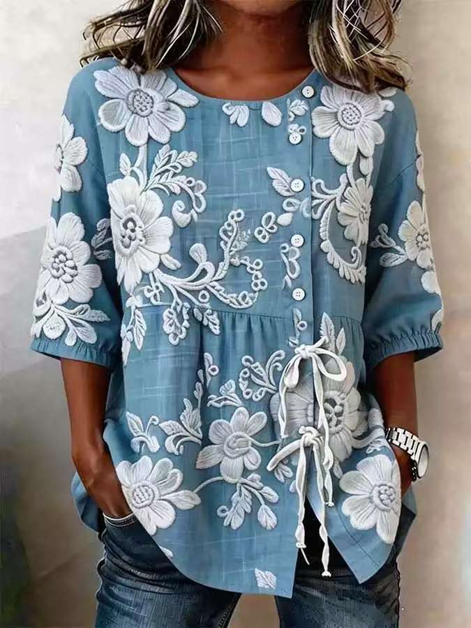 Women's Floral 3D Print Top in Blue and White Pattern – Styled Look