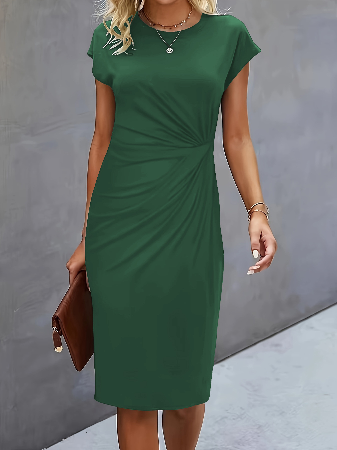 Front knot bodycon midi dress detail shot – round neck sleeveless tie dress women's elegant style