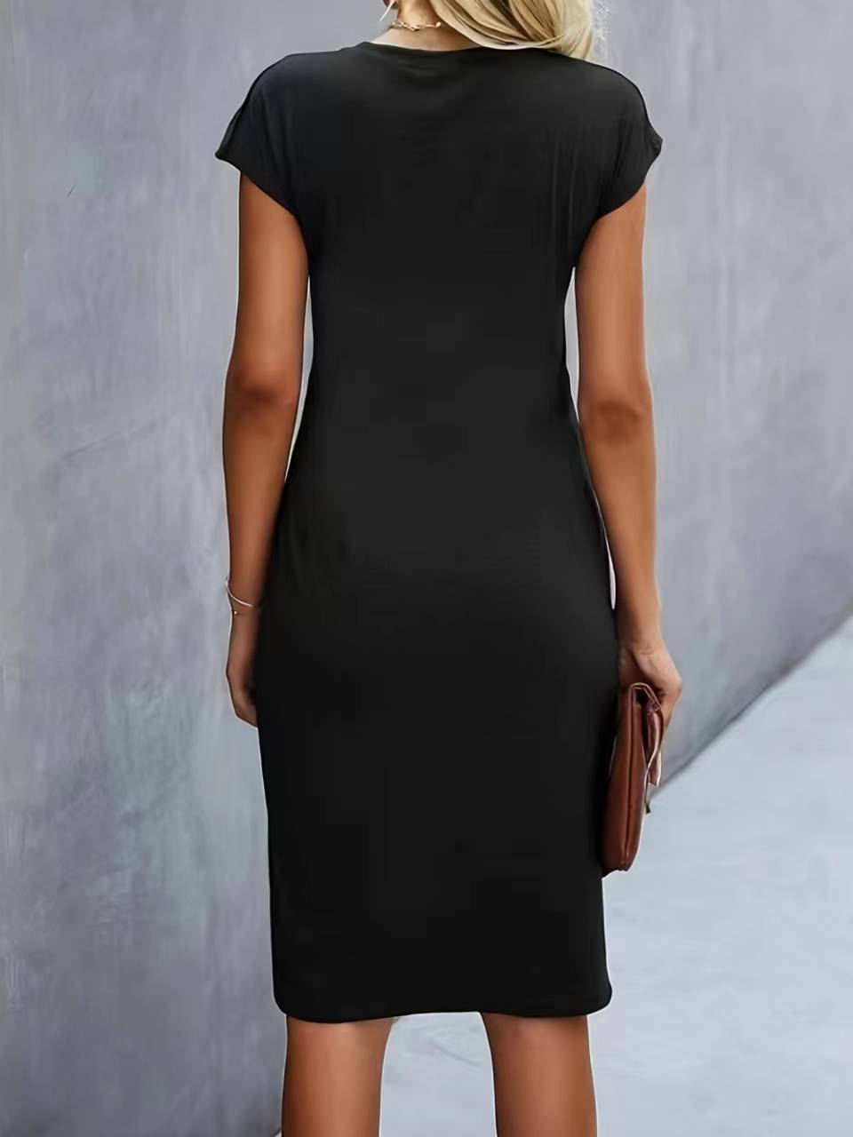 Light gray front knot bodycon midi dress – round neck sleeveless tie dress women's elegant style