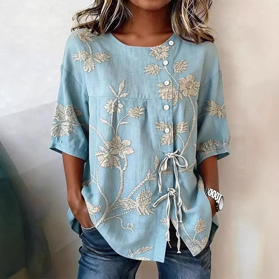 Women's 3D Floral Print Top in Light Blue – Print Detail Close-Up