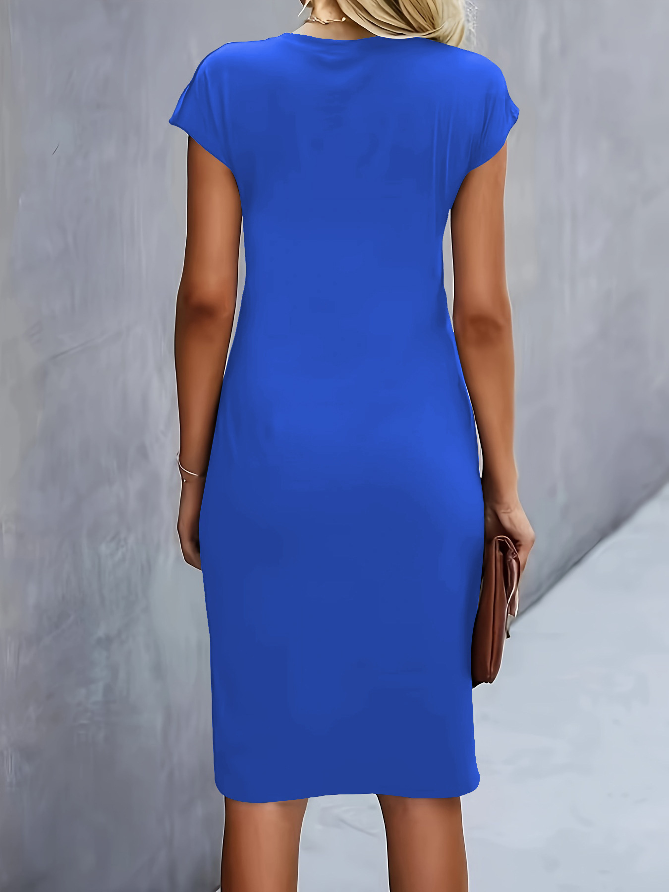 Front knot bodycon midi dress lifestyle photo – round neck sleeveless tie dress women's fashion