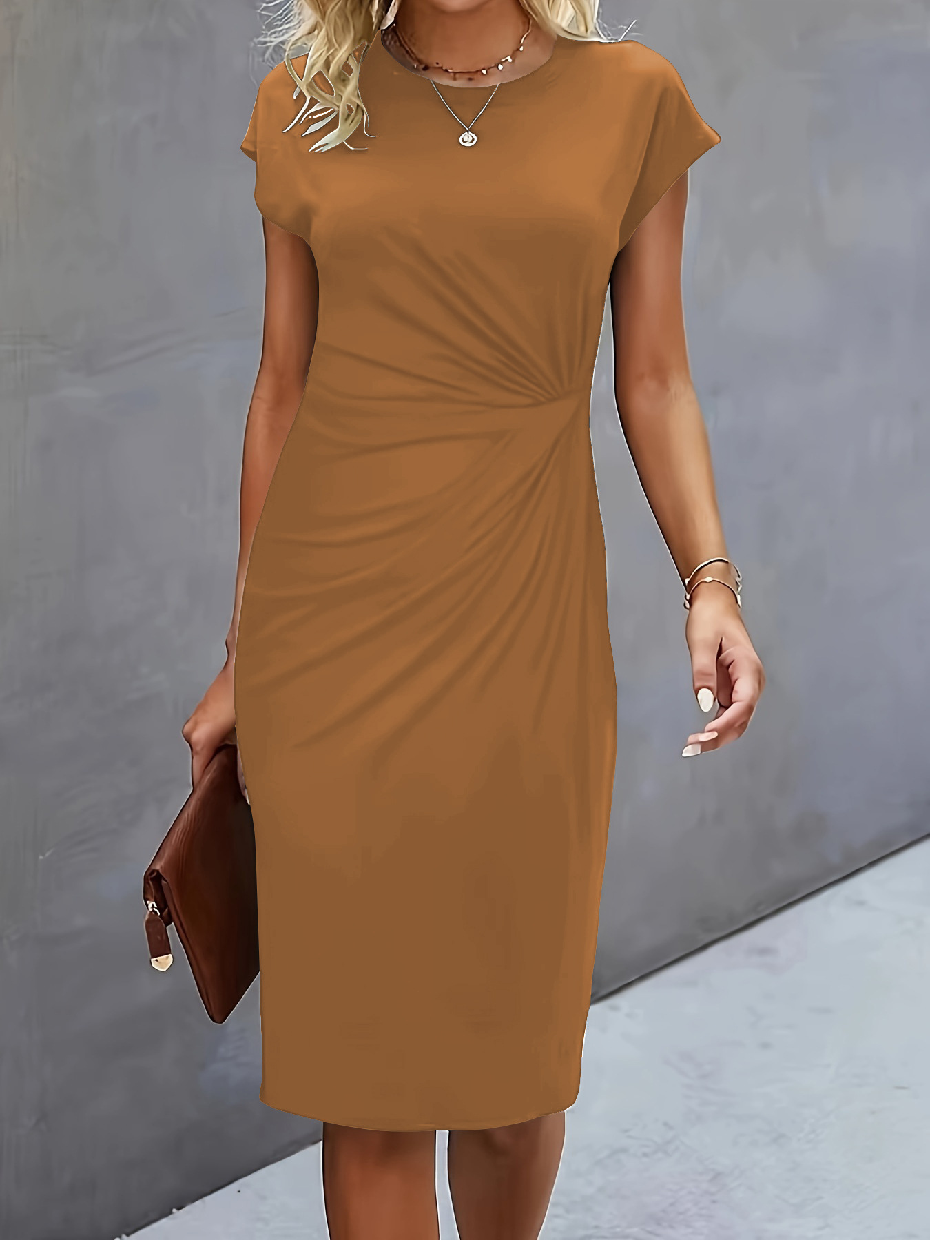 Yellow front knot bodycon midi dress – round neck sleeveless tie dress women's summer style