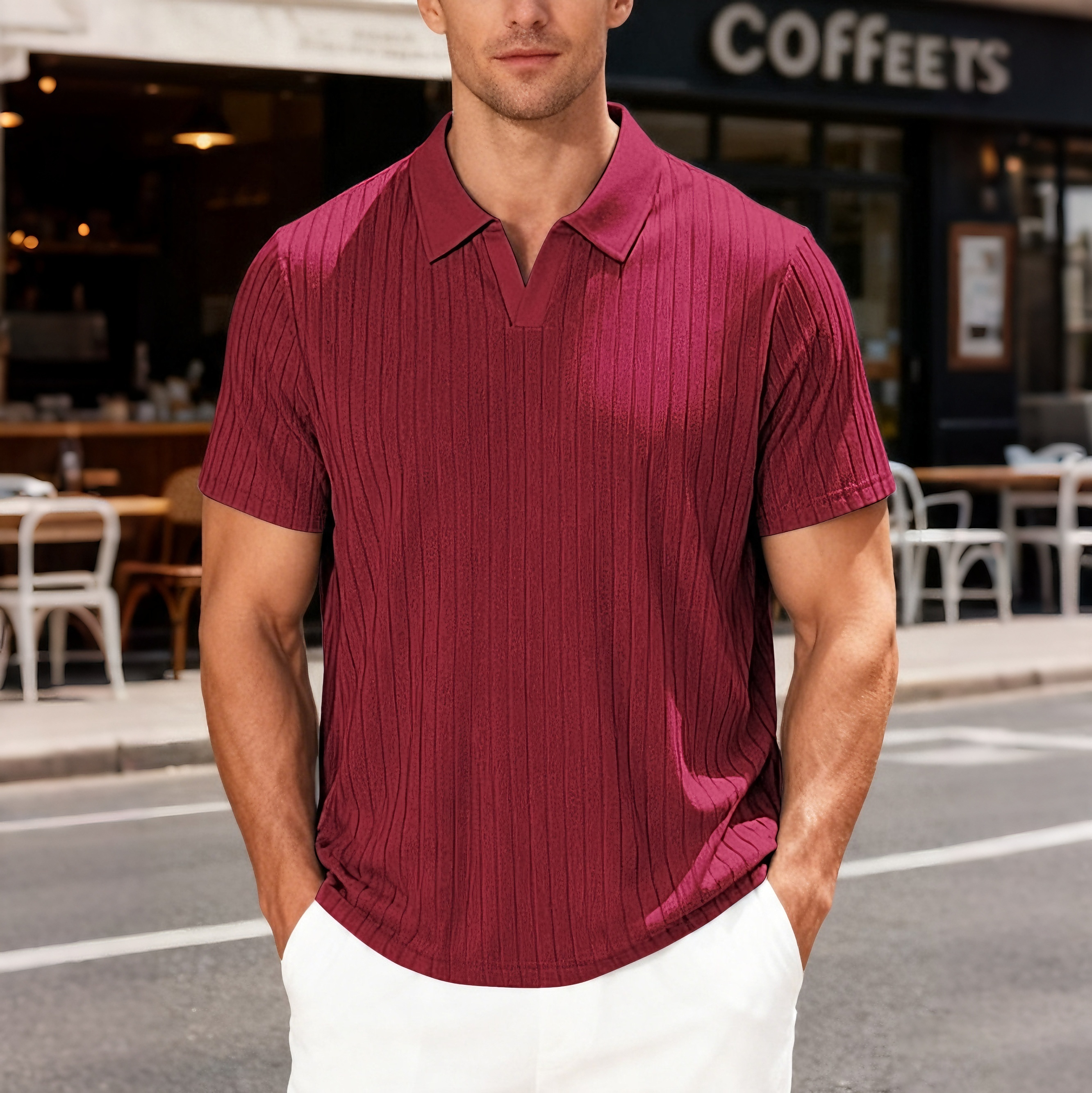 Casual, breathable striped shirt with a collar, made of terry jacquard fabric.