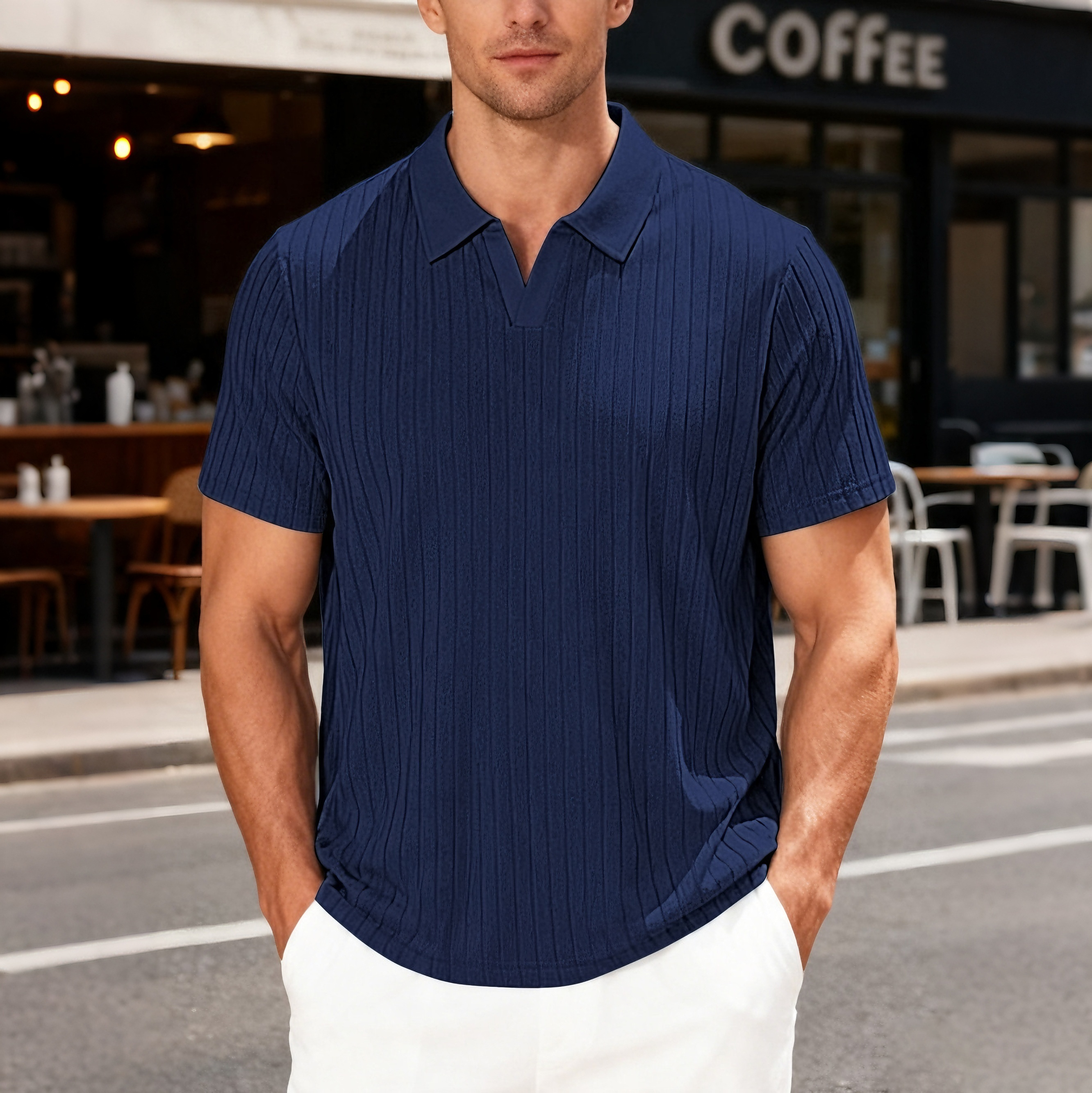 Casual, breathable striped shirt with a collar, made of terry jacquard fabric.