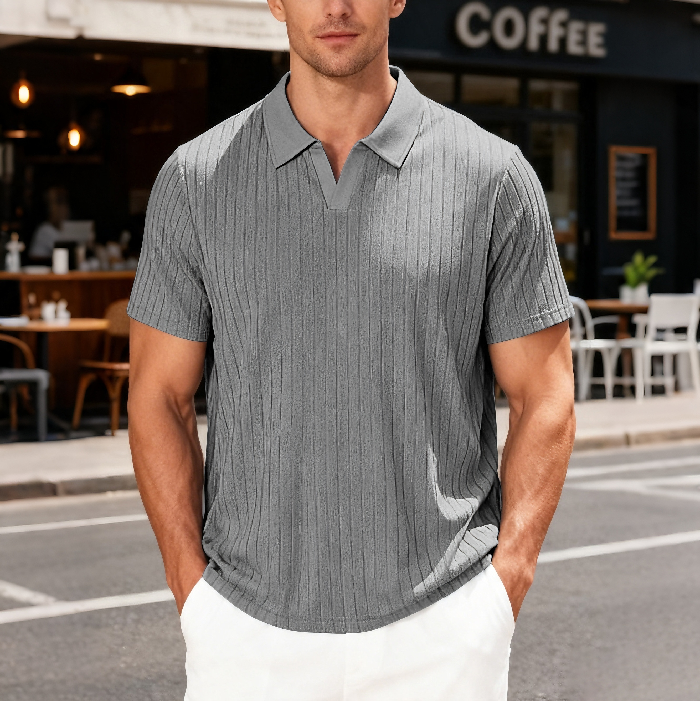 Casual, breathable striped shirt with a collar, made of terry jacquard fabric.