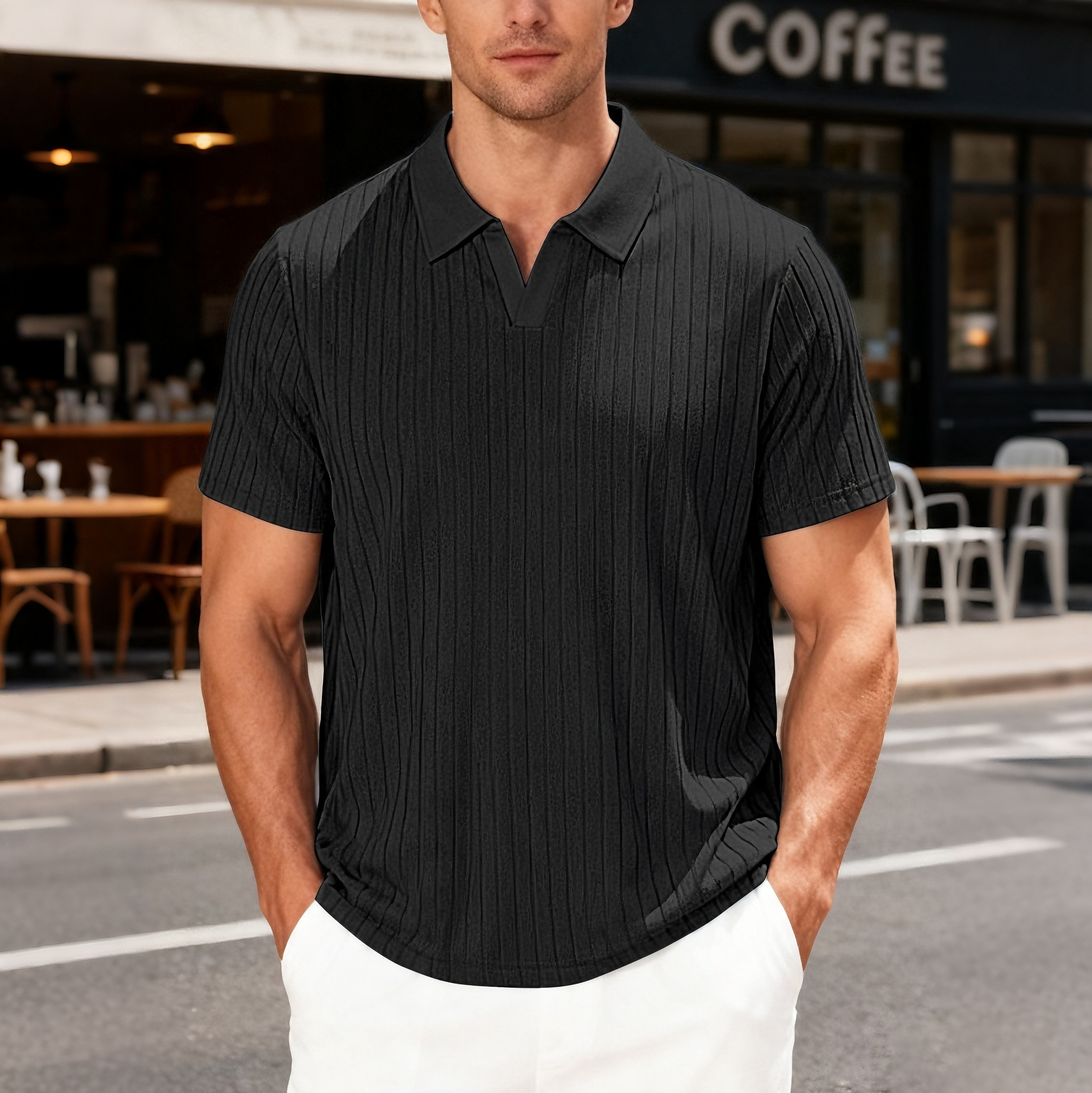 Casual, breathable striped shirt with a collar, made of terry jacquard fabric.