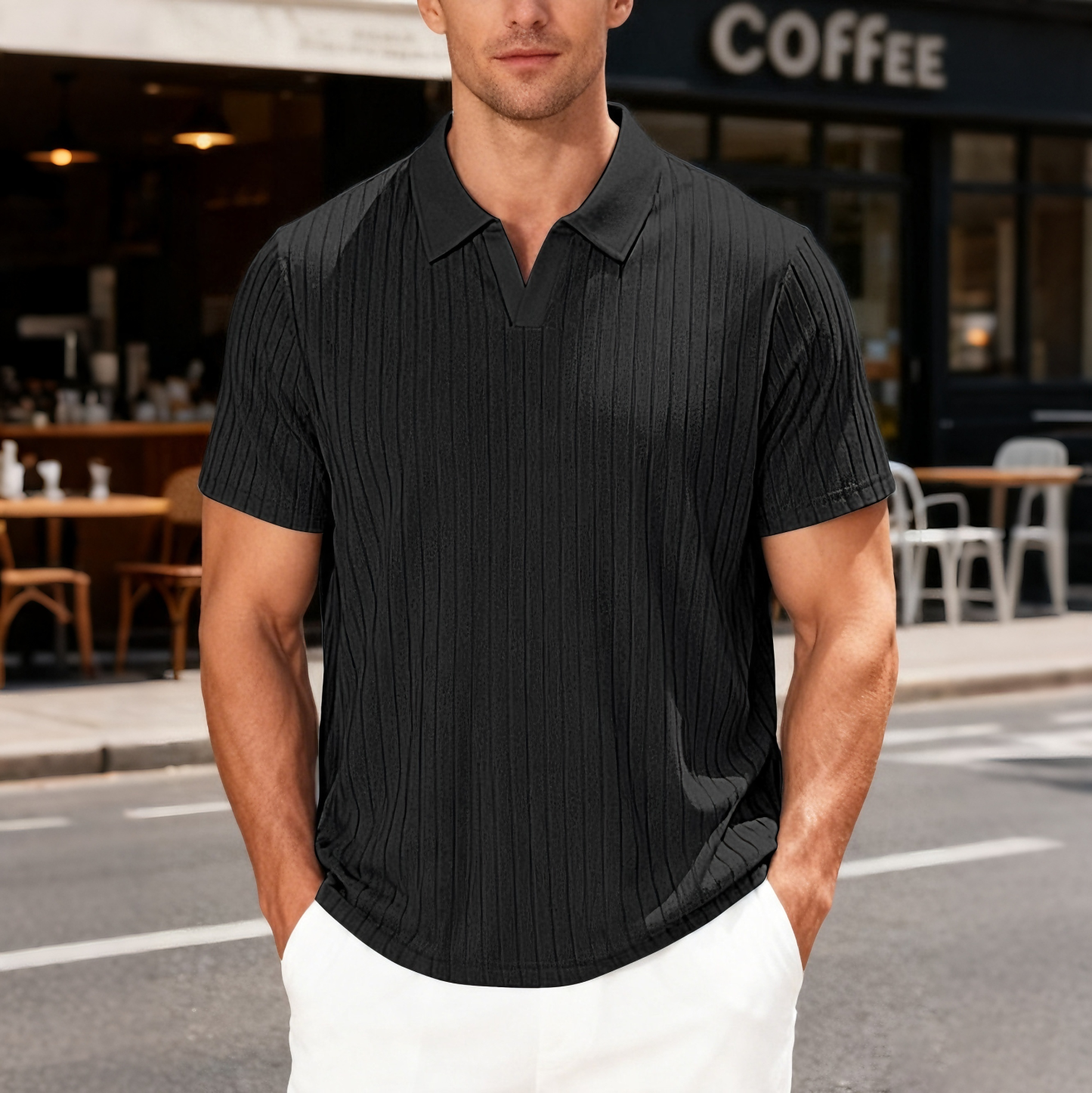 Casual, breathable striped shirt with a collar, made of terry jacquard fabric.