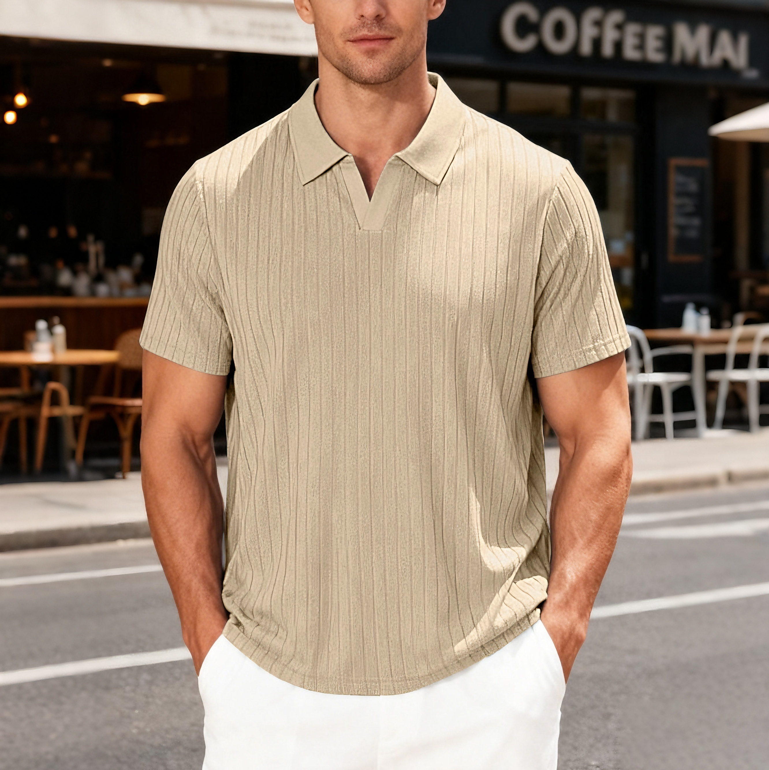 Casual, breathable striped shirt with a collar, made of terry jacquard fabric.