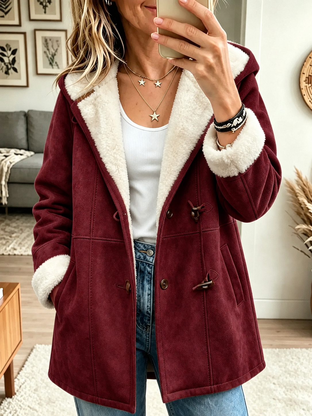 Women's Sherpa Lined Faux Suede Toggle Coat