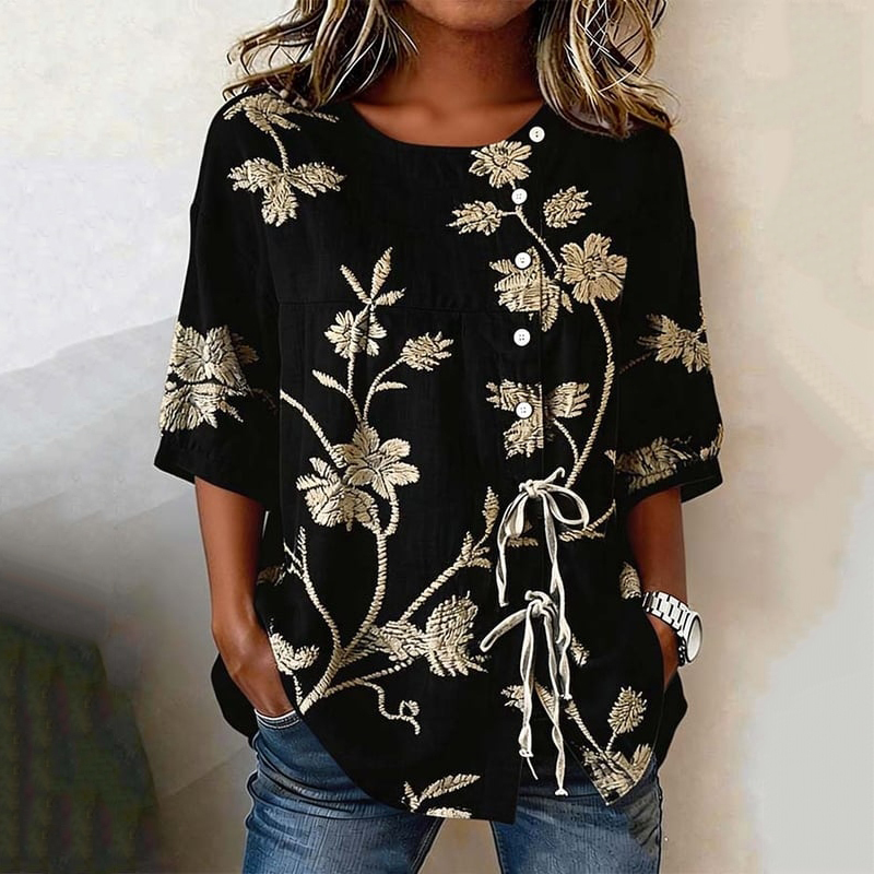 Retro Floral Art Print Casual Cotton Linen Shirt