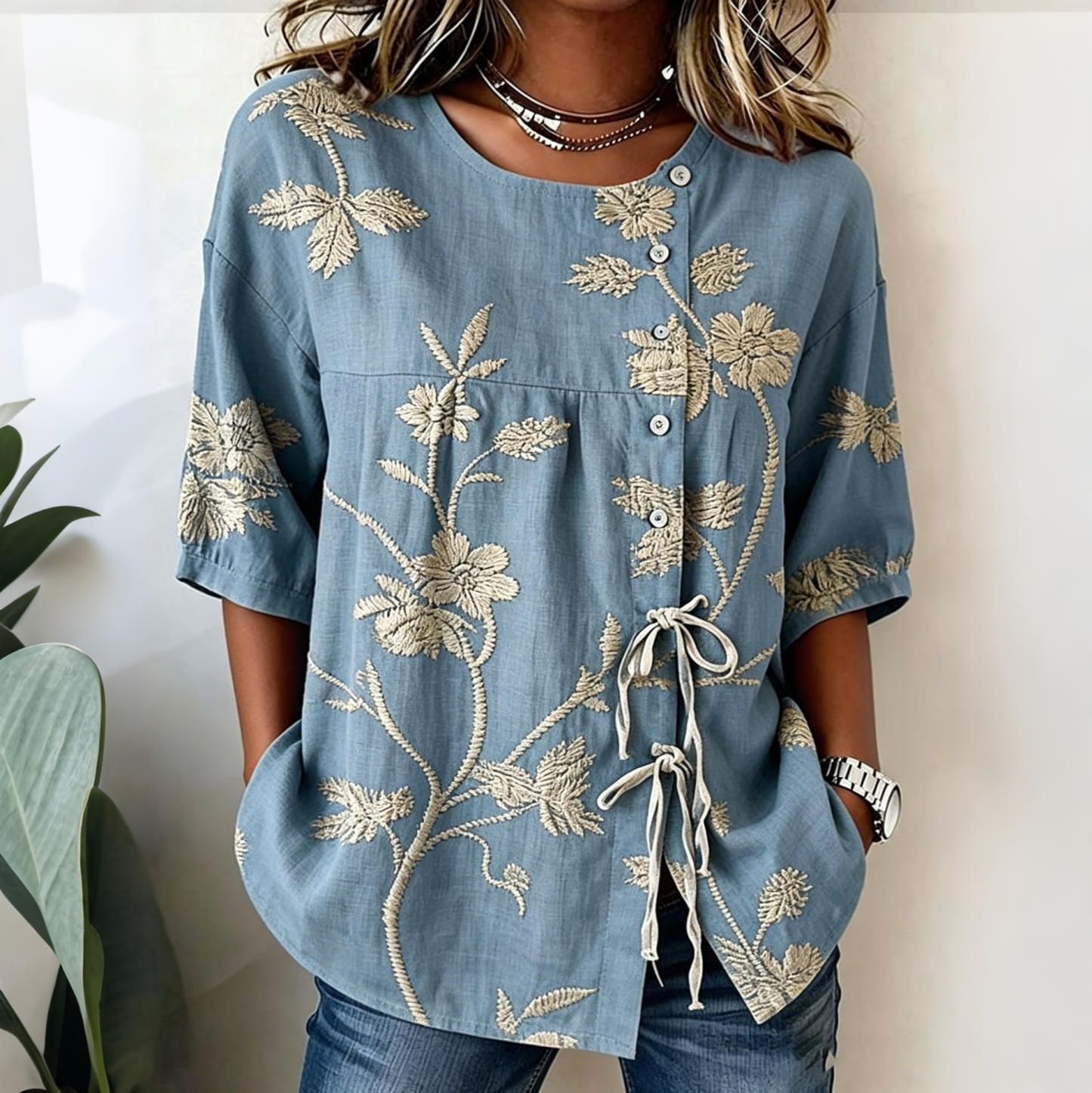 Retro Floral Art Print Casual Cotton Linen Shirt