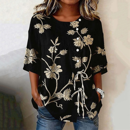 Retro Floral Art Print Casual Cotton Linen Shirt