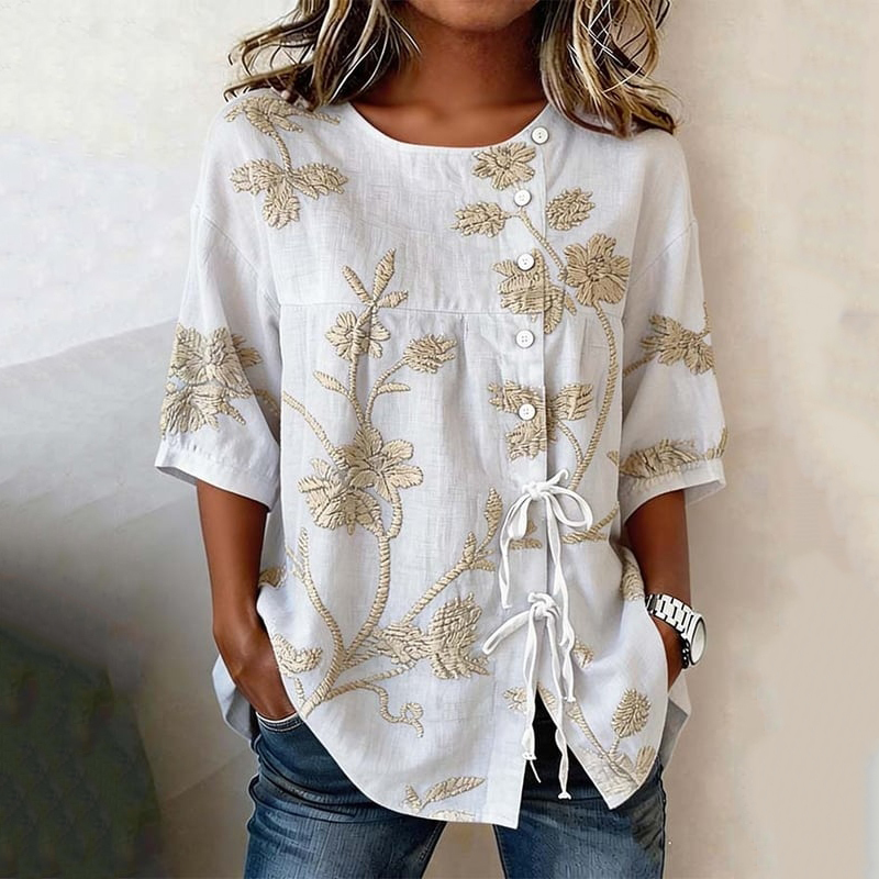 Retro Floral Art Print Casual Cotton Linen Shirt