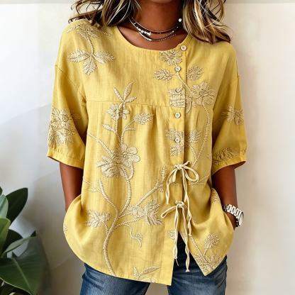 Retro Floral Art Print Casual Cotton Linen Shirt