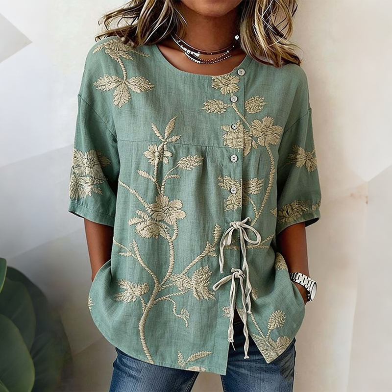 Retro Floral Art Print Casual Cotton Linen Shirt
