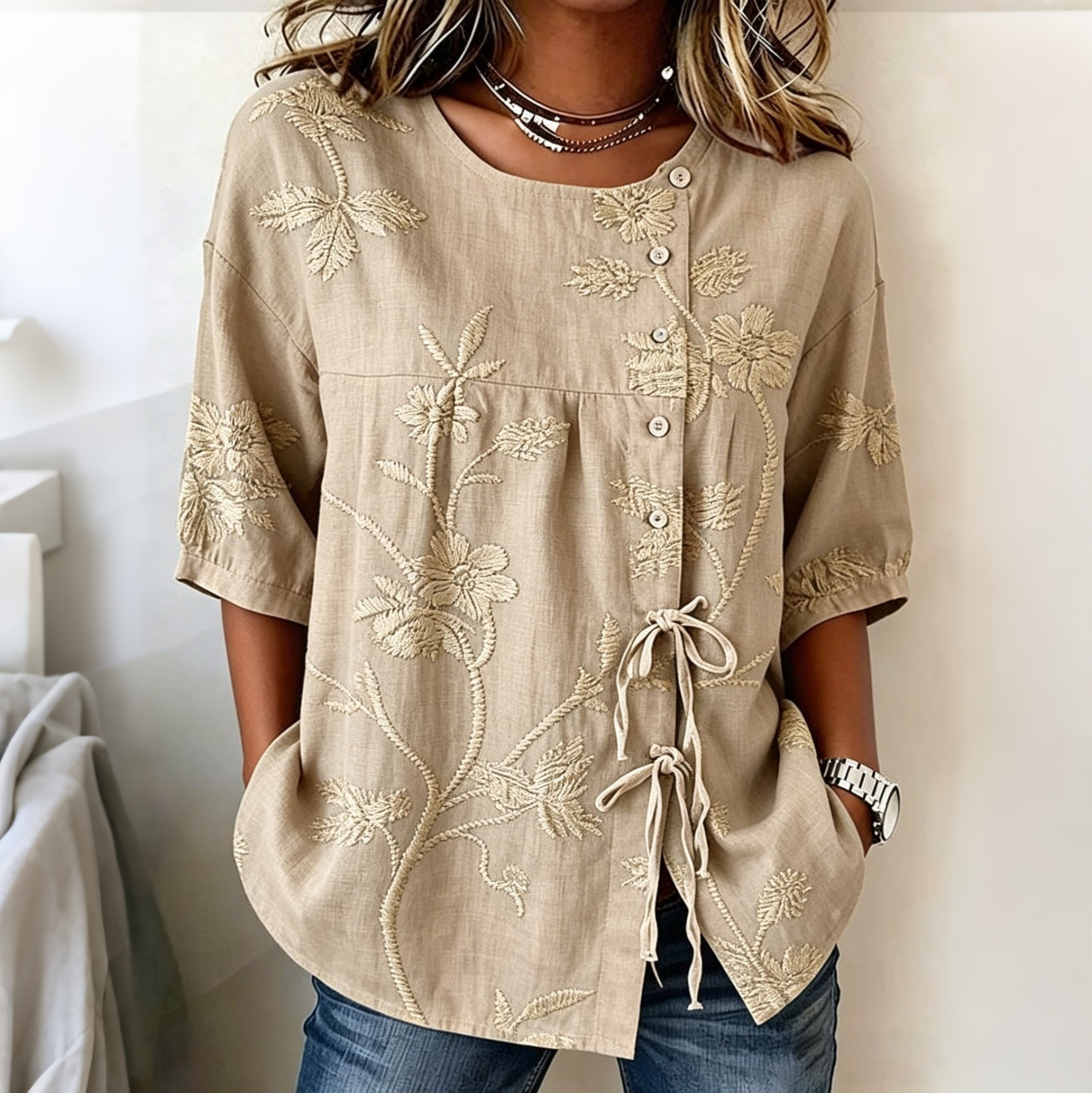 Retro Floral Art Print Casual Cotton Linen Shirt