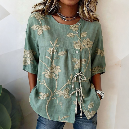 Retro Floral Art Print Casual Cotton Linen Shirt