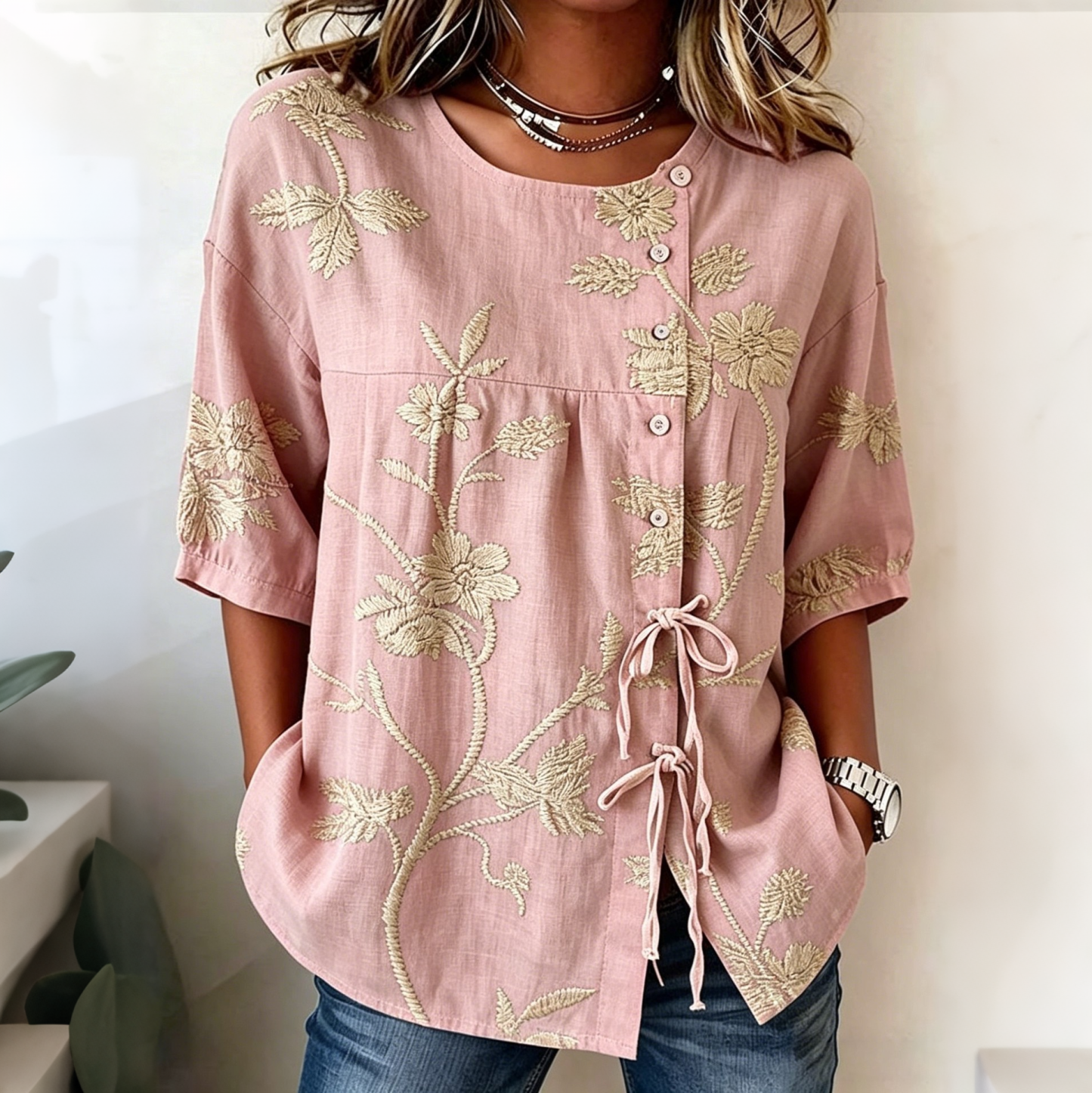 Retro Floral Art Print Casual Cotton Linen Shirt