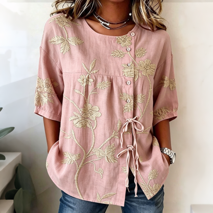 Retro Floral Art Print Casual Cotton Linen Shirt