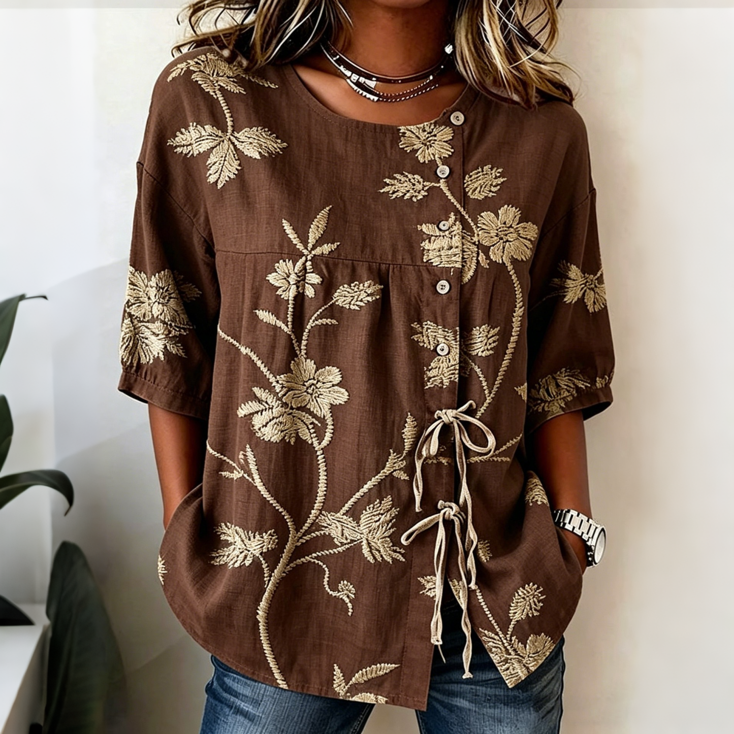 Retro Floral Art Print Casual Cotton Linen Shirt