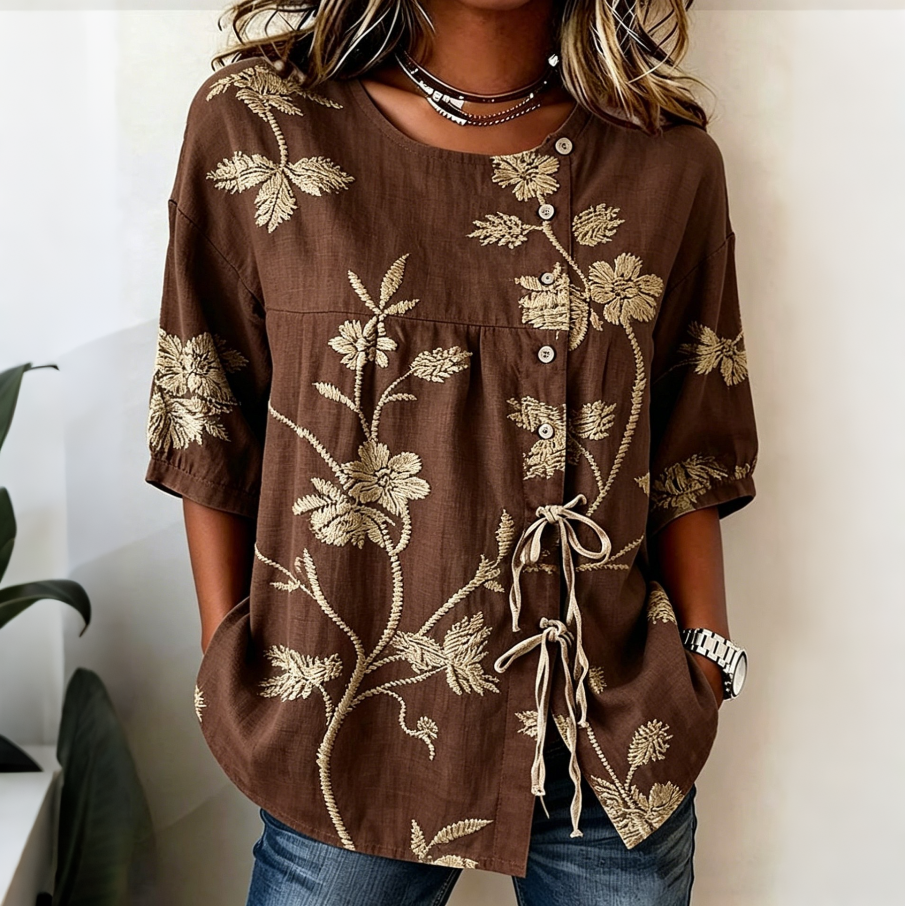 Retro Floral Art Print Casual Cotton Linen Shirt