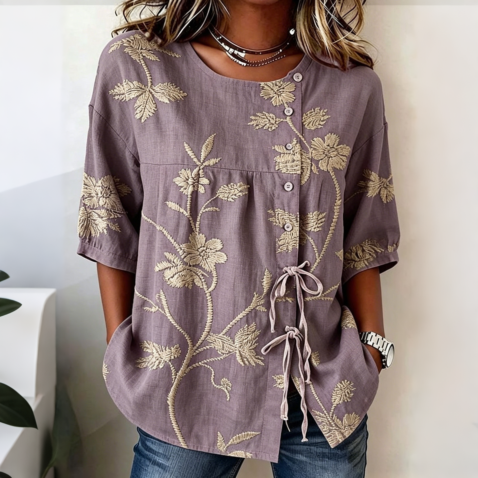 Retro Floral Art Print Casual Cotton Linen Shirt