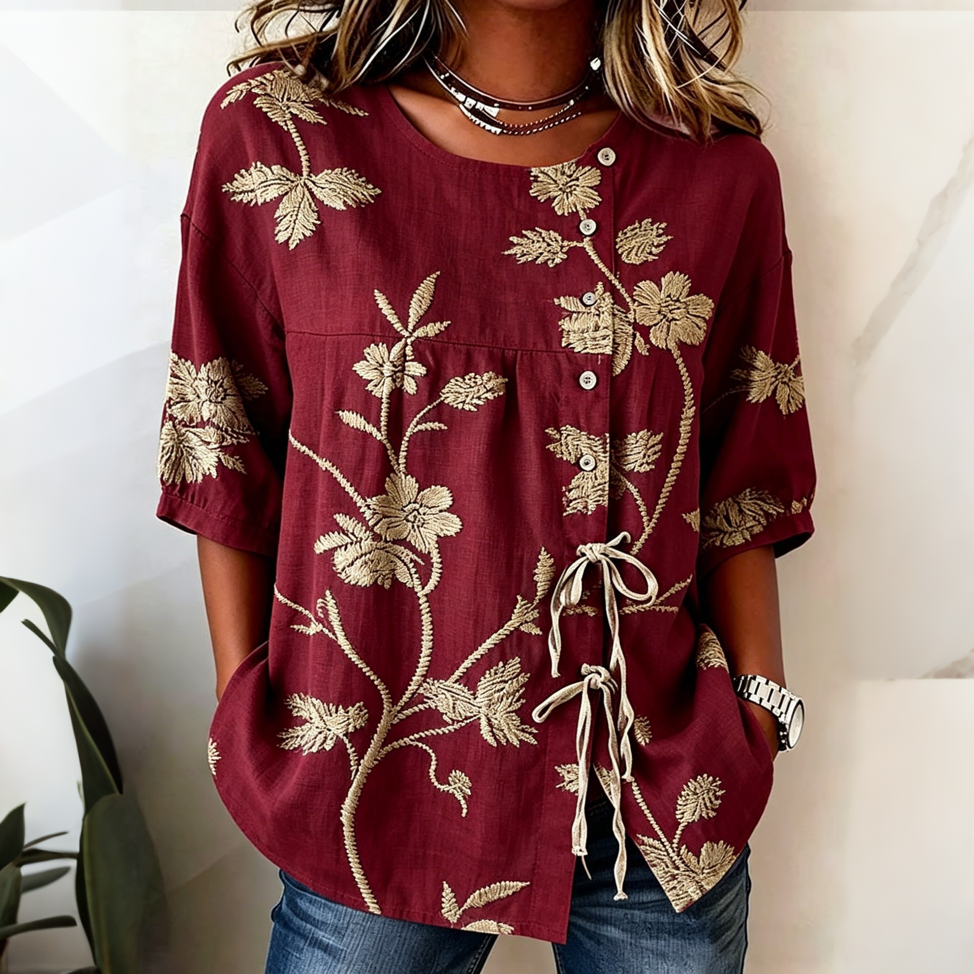 Retro Floral Art Print Casual Cotton Linen Shirt