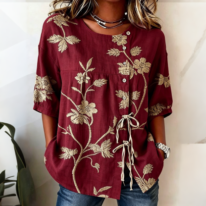 Retro Floral Art Print Casual Cotton Linen Shirt