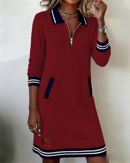 Long Sleeve Dress with Zipper and Lapel Collar