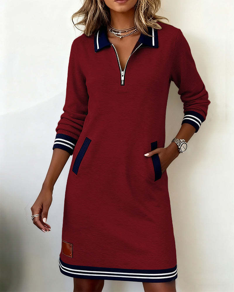 Long Sleeve Dress with Zipper and Lapel Collar