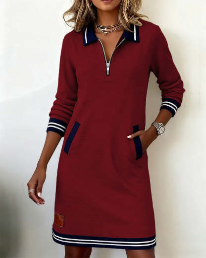 Long Sleeve Dress with Zipper and Lapel Collar