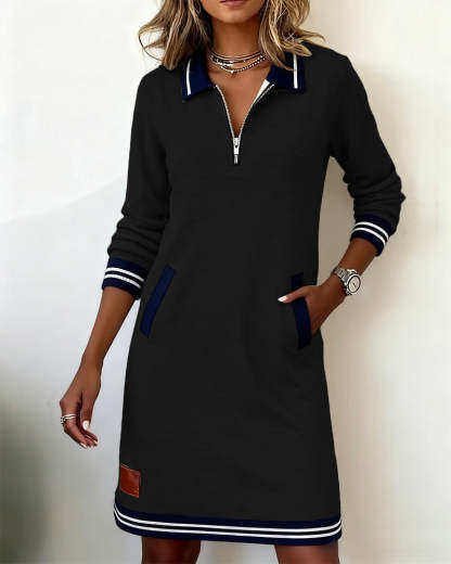 Long Sleeve Dress with Zipper and Lapel Collar