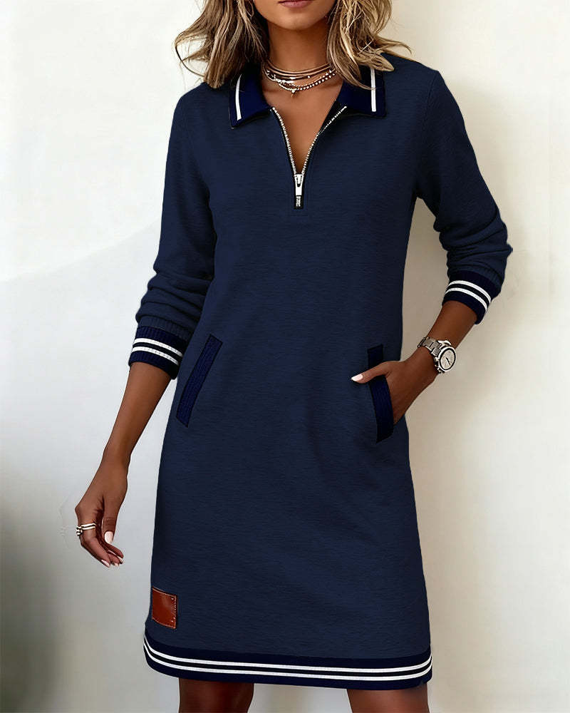 Long Sleeve Dress with Zipper and Lapel Collar