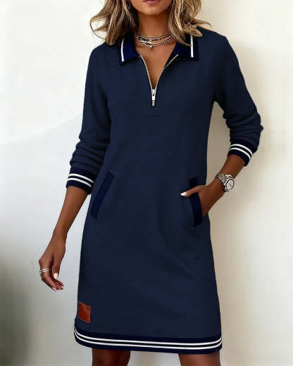 Long Sleeve Dress with Zipper and Lapel Collar