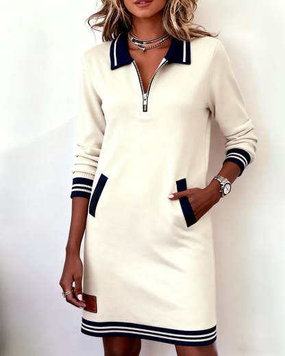 Long Sleeve Dress with Zipper and Lapel Collar