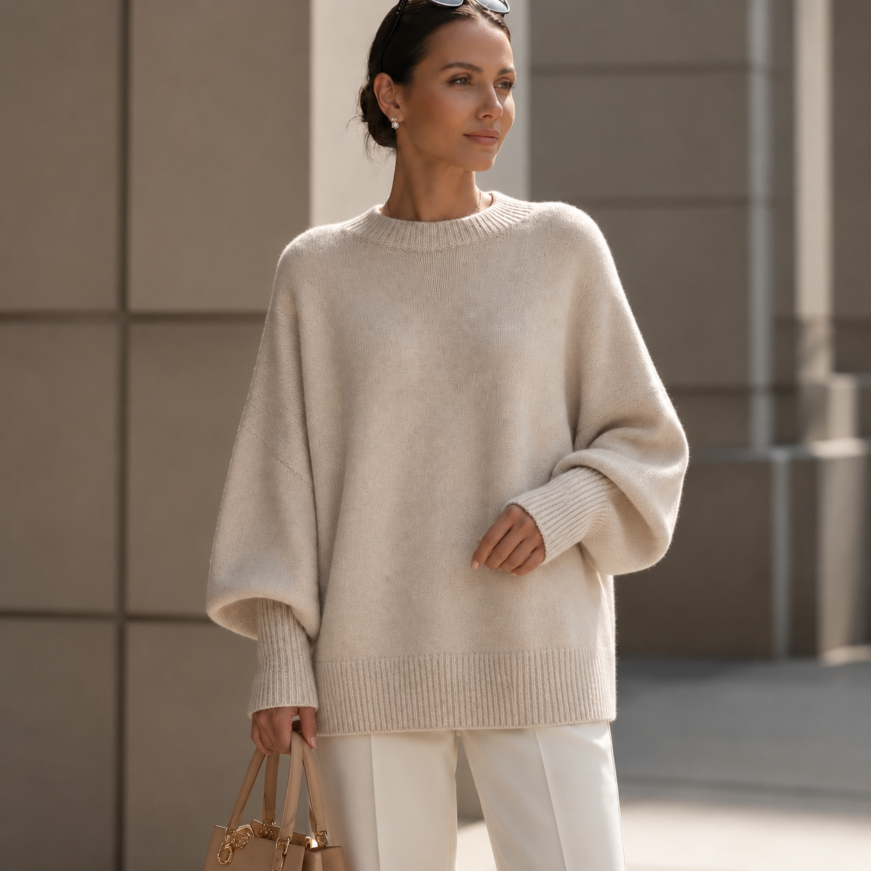 Full front view showing the oversized sweater silhouette, batwing sleeves and ribbed hem