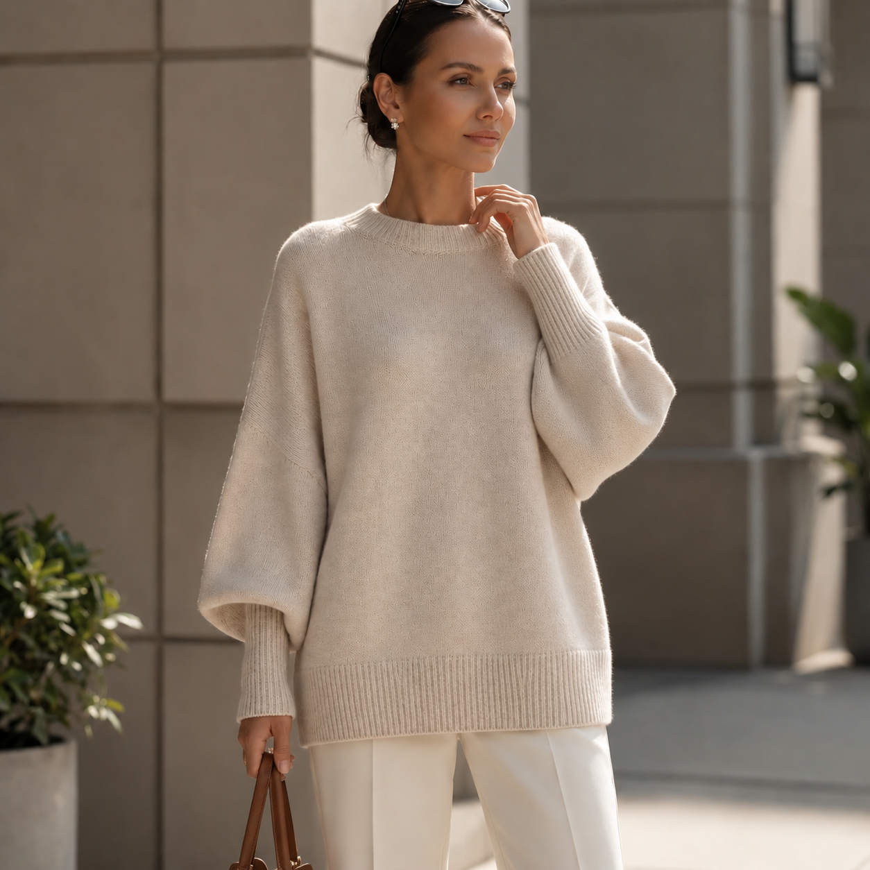Women's oversized beige knit sweater with relaxed batwing sleeves and ribbed trim